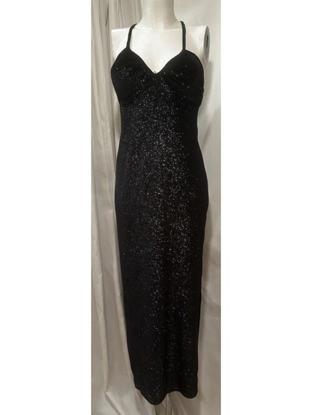 VTG 90s Prom Black Metallic Glitter Stretch Velvet Sleeveless Formal Maxi Dress